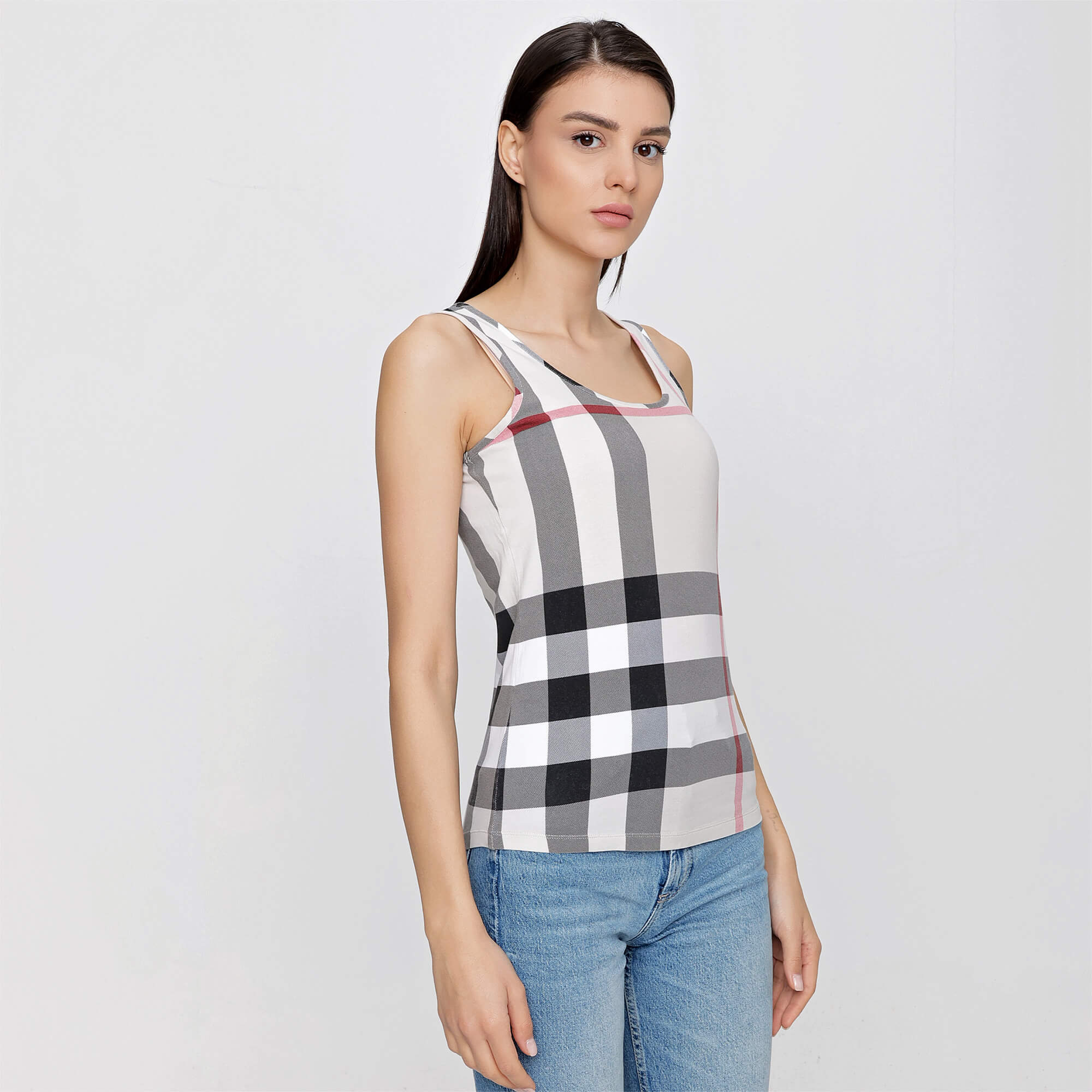 Burberry - Beige Cotton Blend Check Print Tank Top